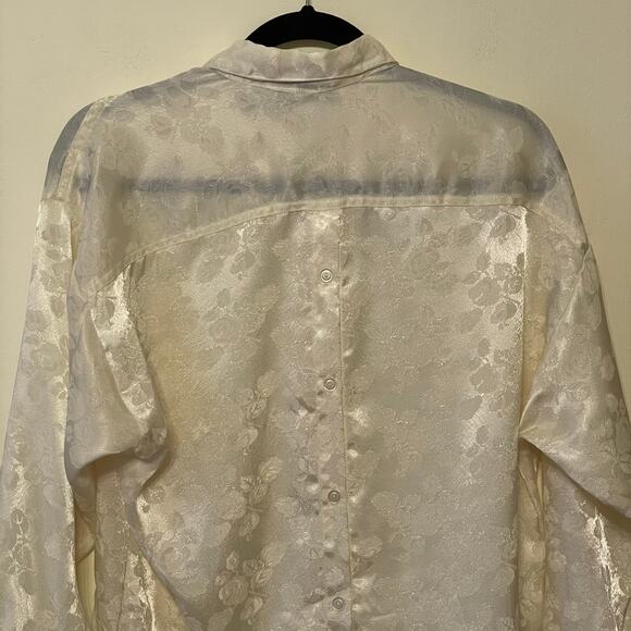 Vintage XL 1990s long sleeve floral blouse button up metallic yellow AOP rose - Picture 6 of 7